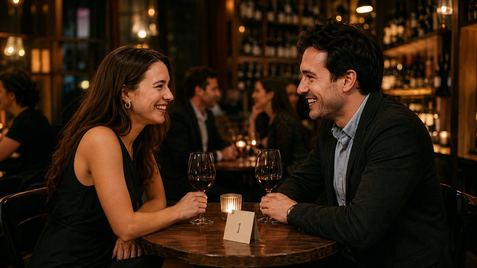 Deux verres de vin et un carton numéroté sur une table de bar à vin.