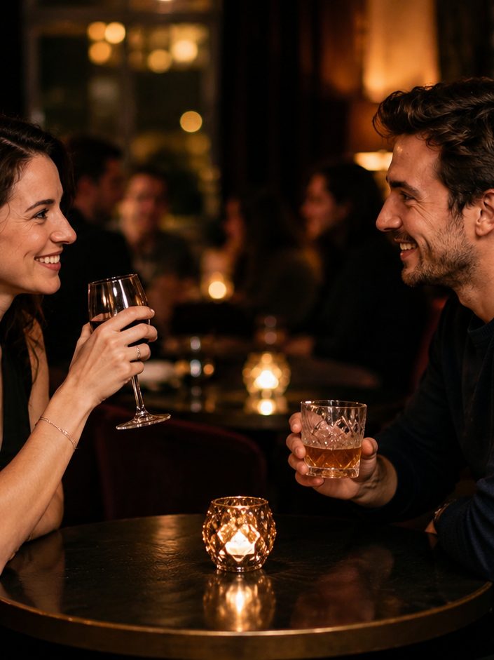 Deux personnes qui discutent face à face à une petite table, à la lueur d'une bougie.