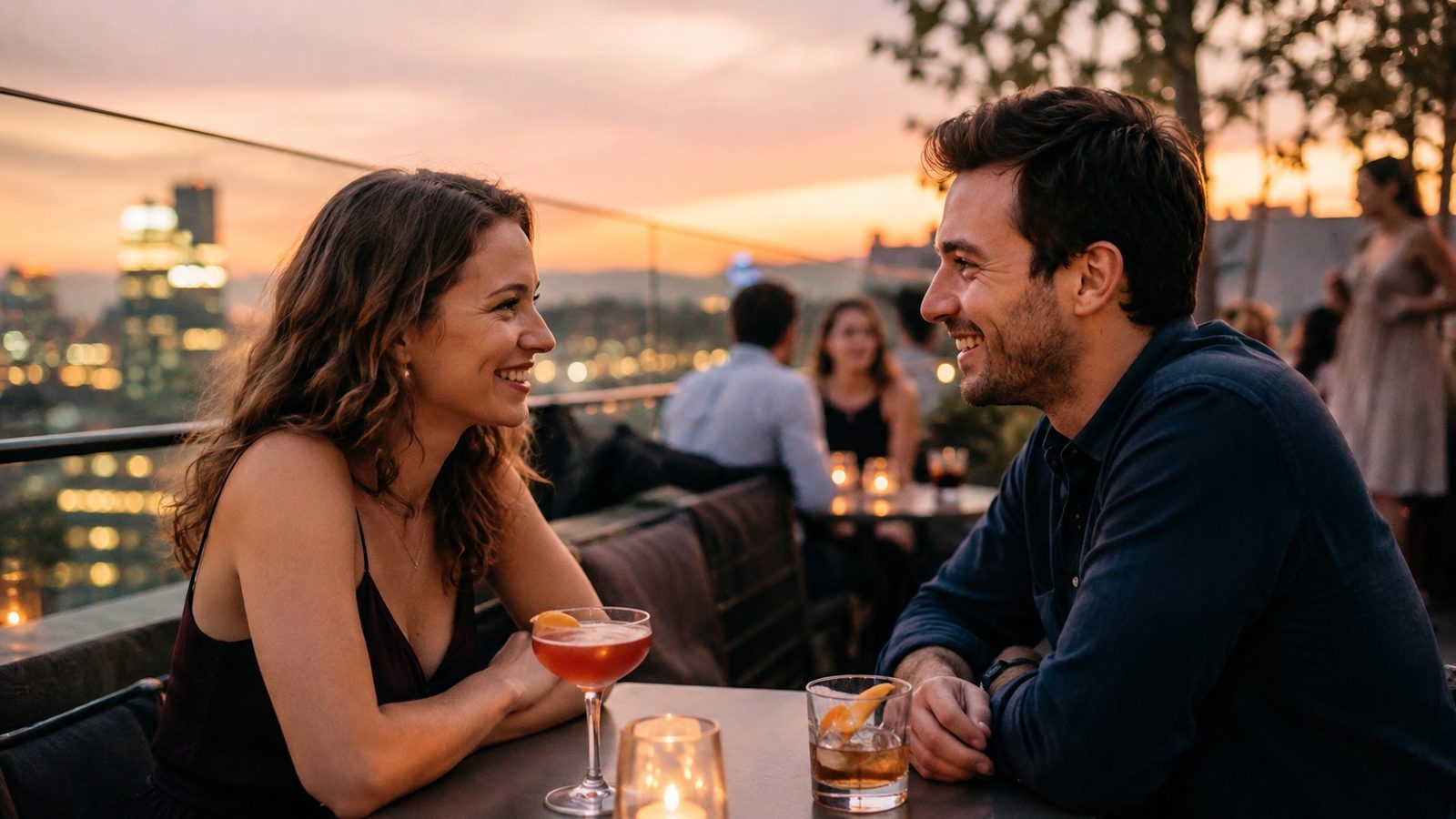 Deux personnes qui trinquent sur un toit-terrasse au coucher du soleil.