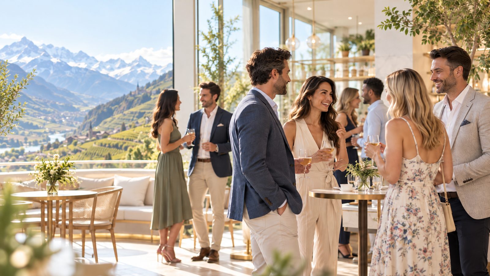 Des célibataires discutent un verre à la main dans une salle lumineuse, avec vue sur les vignes et les Alpes.